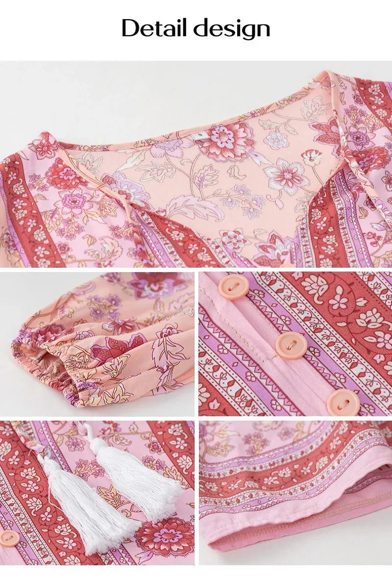 Bohemian colorful floral Blouse, Casual Printed V-neck Long-sleeved top