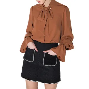 Bow Lantern Sleeve Solid Girl Shirts Blouses Loose Casual Tops for
