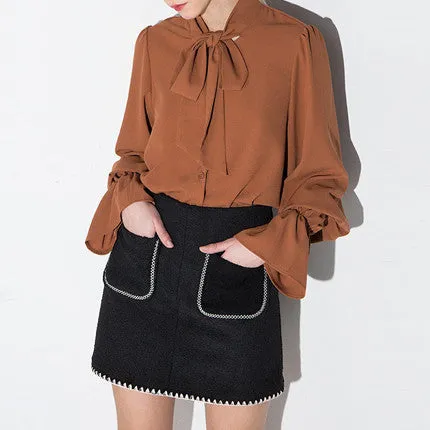 Bow Lantern Sleeve Solid Girl Shirts Blouses Loose Casual Tops for