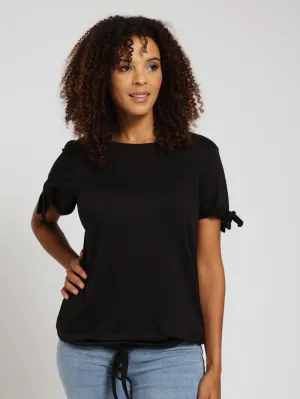 Bow Sleeve Top With Tie Hem - Black