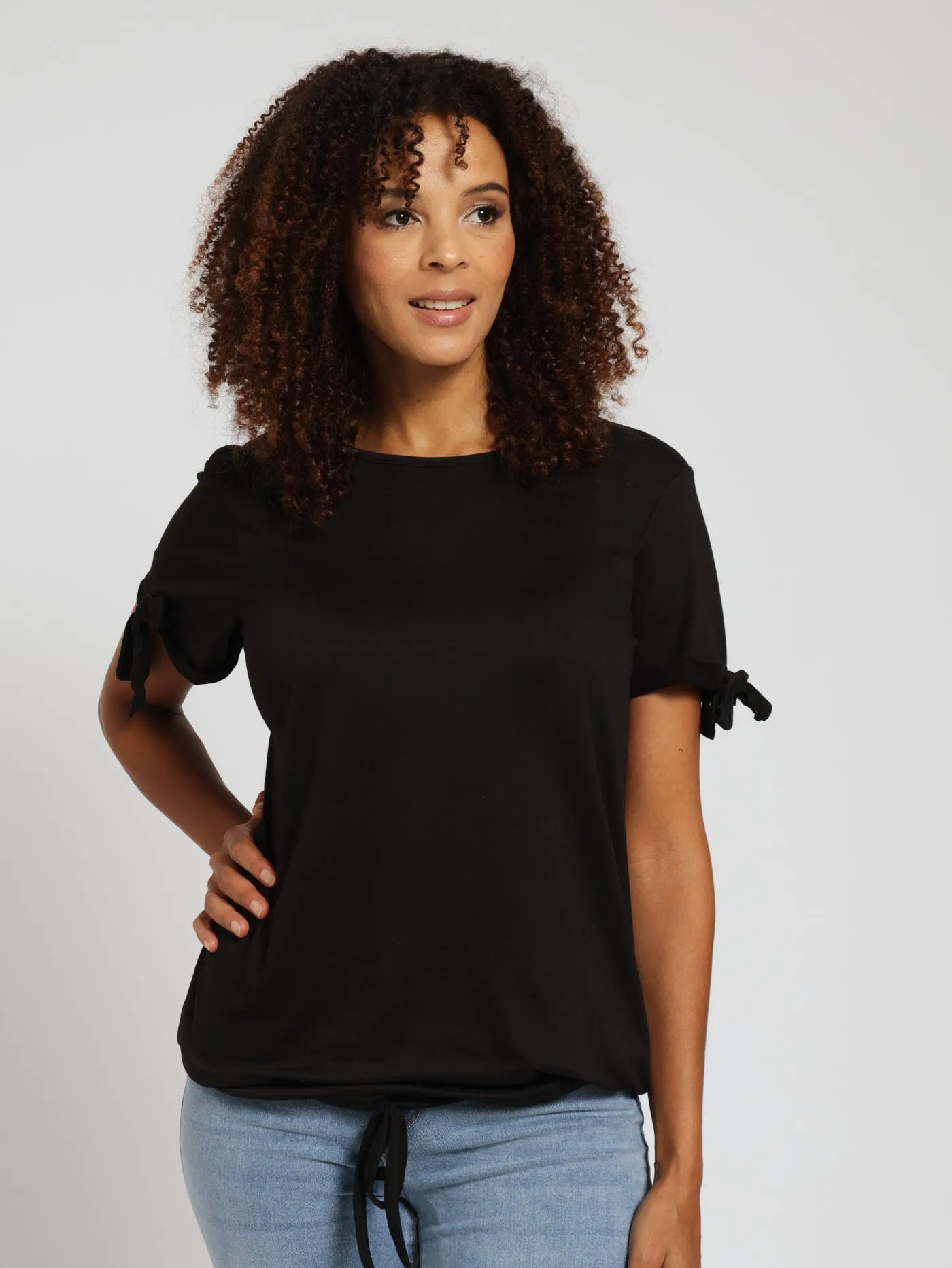 Bow Sleeve Top With Tie Hem - Black