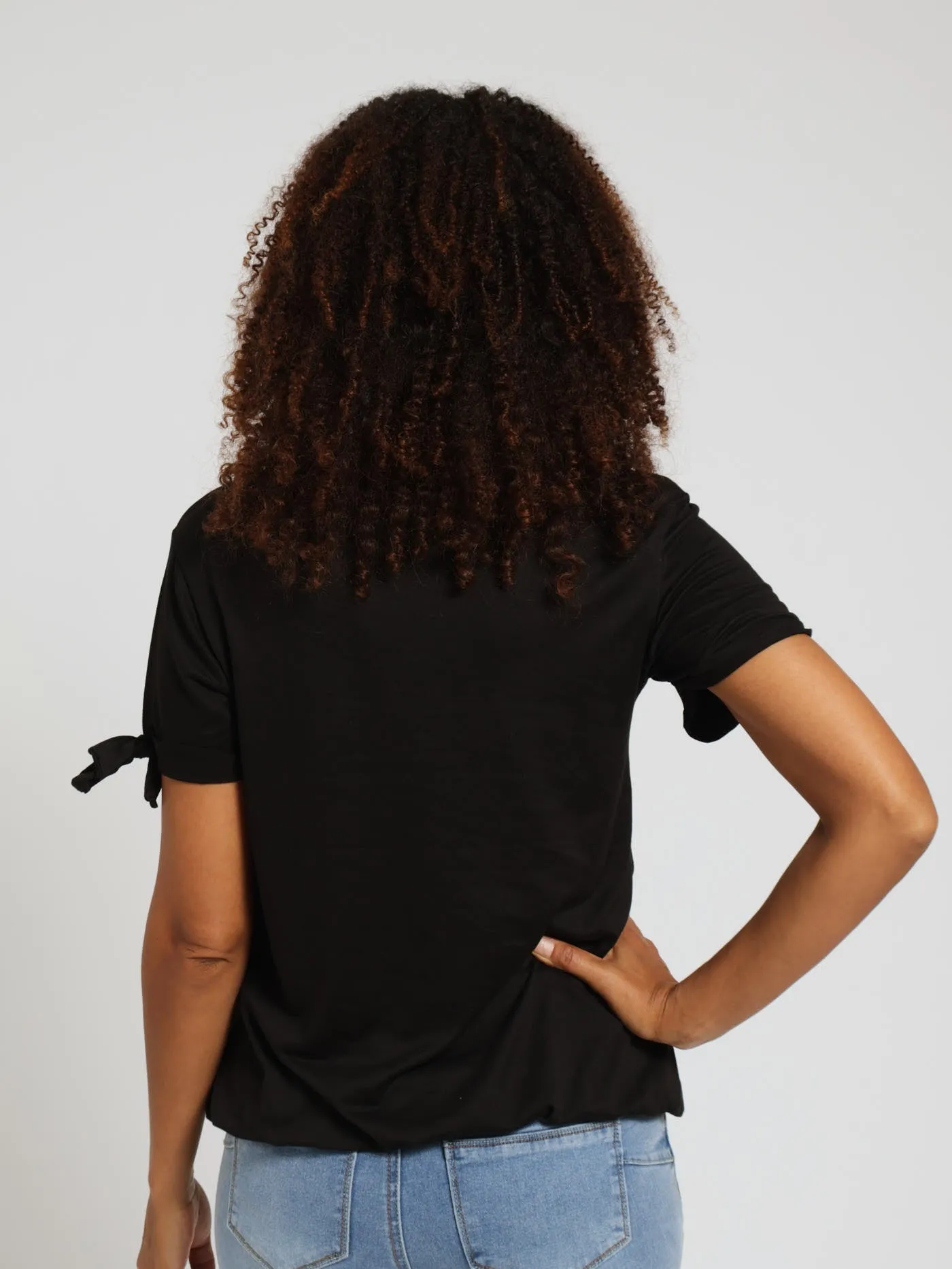 Bow Sleeve Top With Tie Hem - Black
