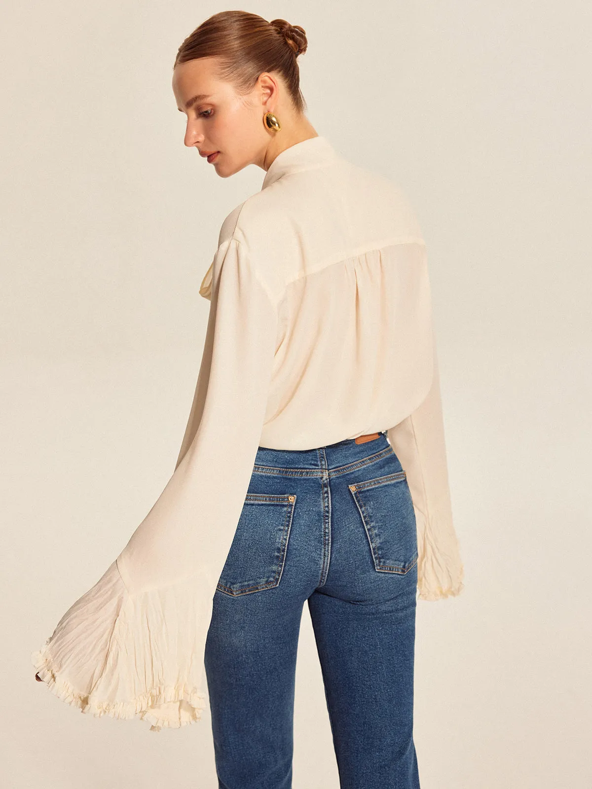 Bow Tie Pleated Cuff Chiffon Blouse
