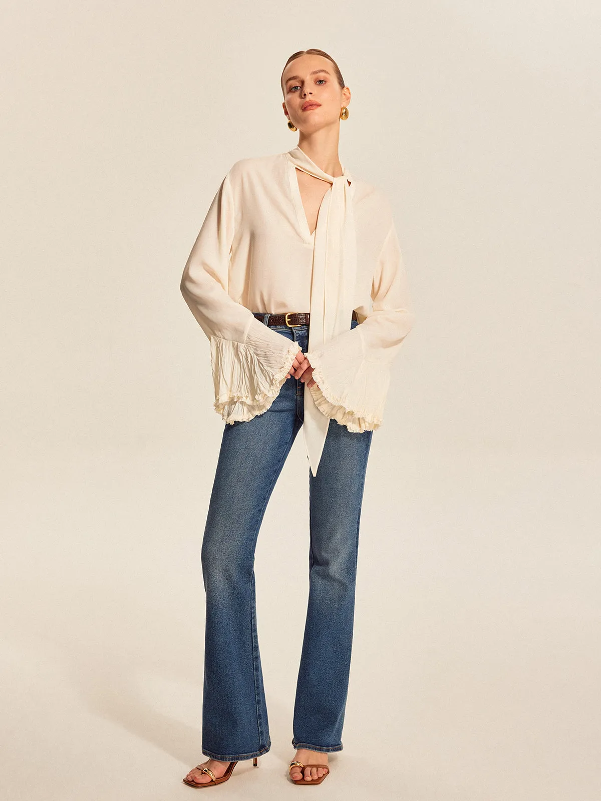 Bow Tie Pleated Cuff Chiffon Blouse