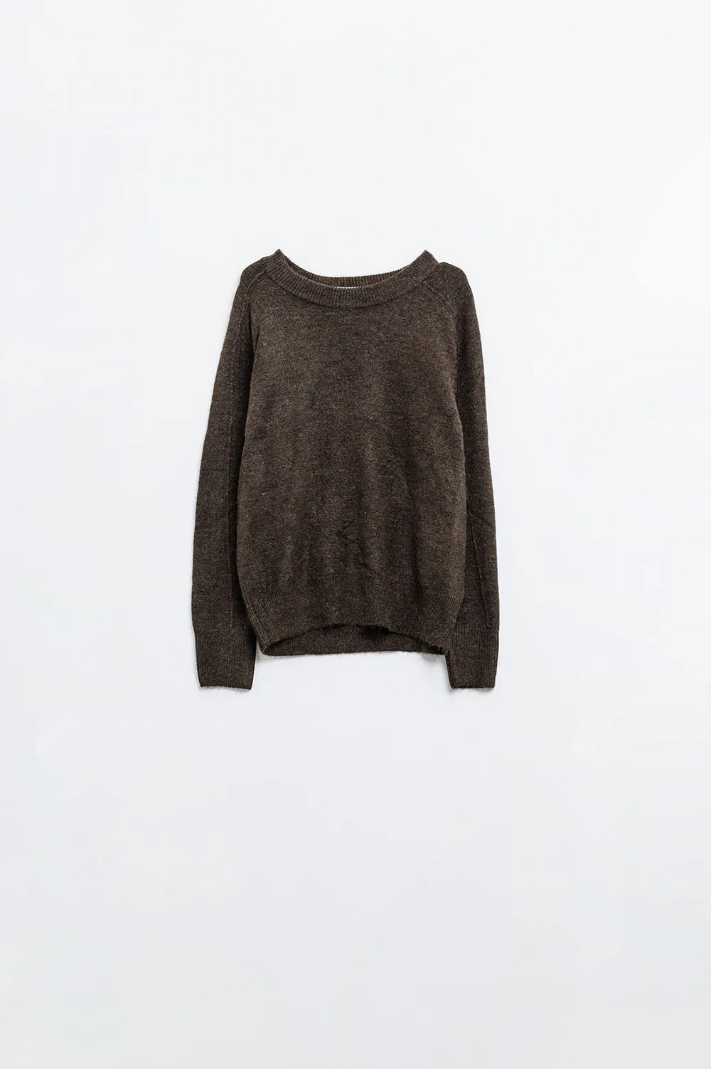 Brown crew neck sweater with seam detail on sleeve
