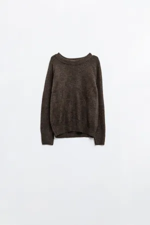 Brown crew neck sweater with seam detail on sleeve