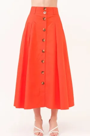 Button Front Pleated Cotton Midi Skirt with Pockets For Women – Feminine High-Waist A-Line Fluttering Summer Skirt for Casual, Office, or Weekend Outfits