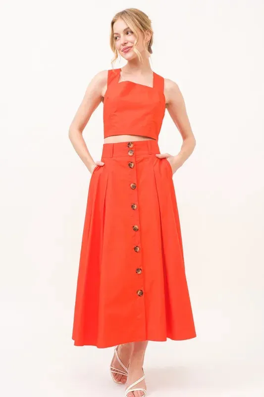 Button Front Pleated Cotton Midi Skirt with Pockets For Women – Feminine High-Waist A-Line Fluttering Summer Skirt for Casual, Office, or Weekend Outfits