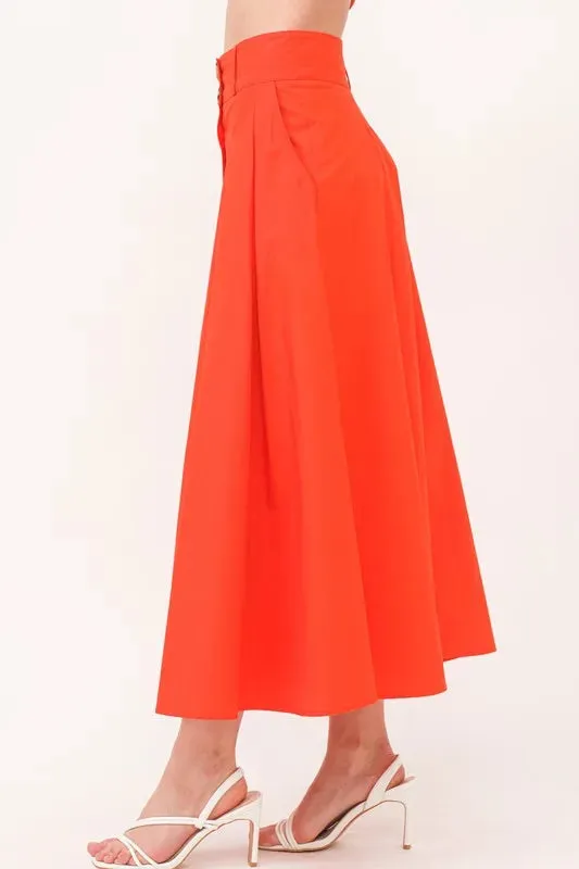 Button Front Pleated Cotton Midi Skirt with Pockets For Women – Feminine High-Waist A-Line Fluttering Summer Skirt for Casual, Office, or Weekend Outfits