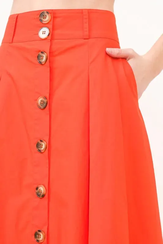 Button Front Pleated Cotton Midi Skirt with Pockets For Women – Feminine High-Waist A-Line Fluttering Summer Skirt for Casual, Office, or Weekend Outfits