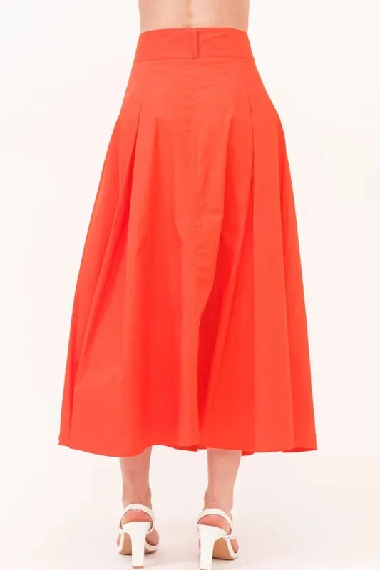 Button Front Pleated Cotton Midi Skirt with Pockets For Women – Feminine High-Waist A-Line Fluttering Summer Skirt for Casual, Office, or Weekend Outfits