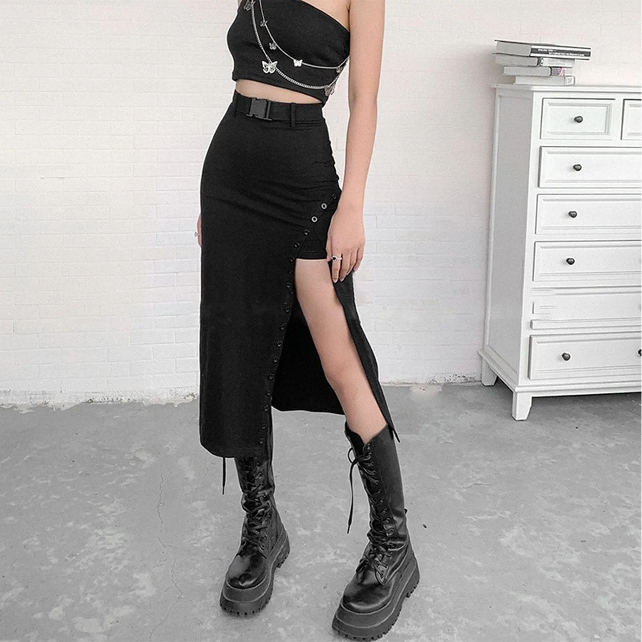 Buttons Buckle Belt Skirt