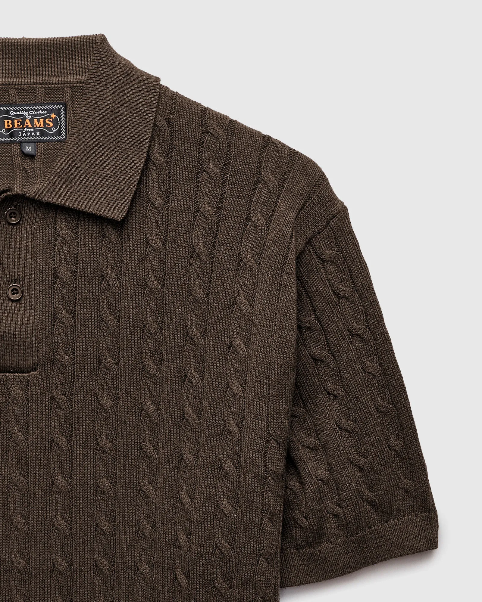 Cable Knit Polo Short Sleeve Sweater in Brown