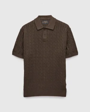 Cable Knit Polo Short Sleeve Sweater in Brown