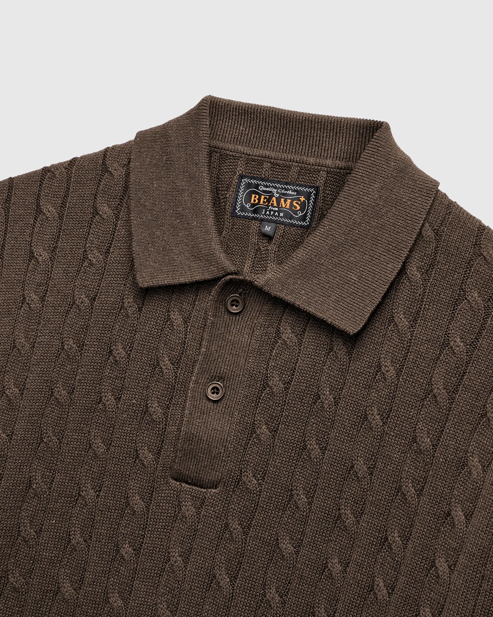 Cable Knit Polo Short Sleeve Sweater in Brown