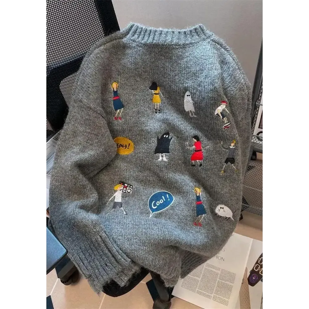 Cartoon Embroidered Knitted Sweater with Ripped Details