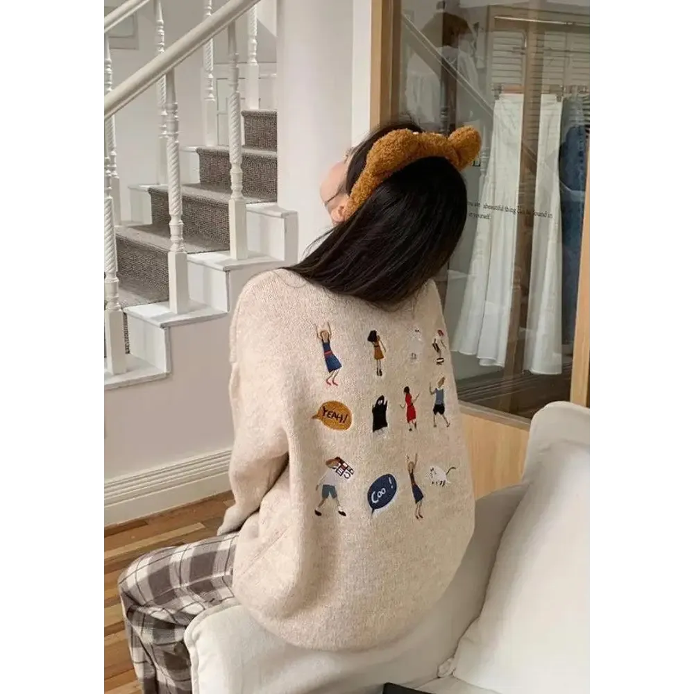 Cartoon Embroidered Knitted Sweater with Ripped Details