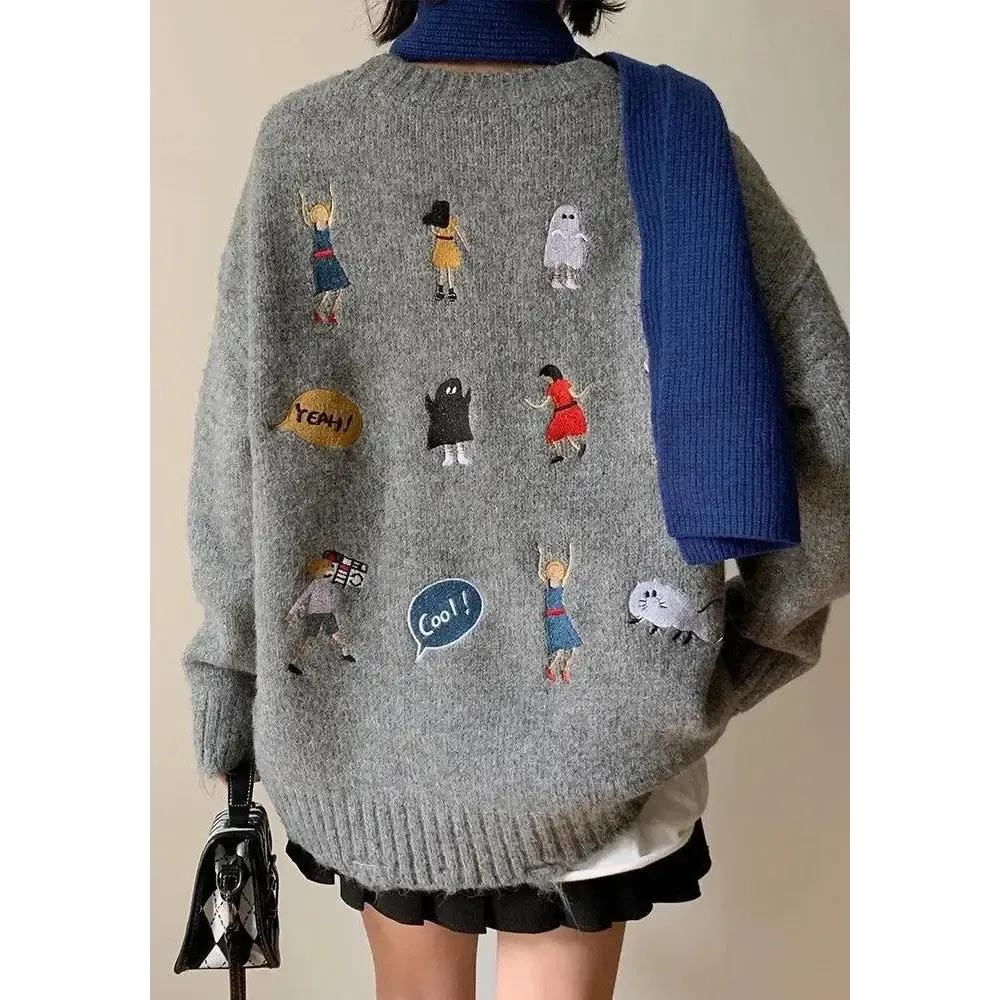 Cartoon Embroidered Knitted Sweater with Ripped Details
