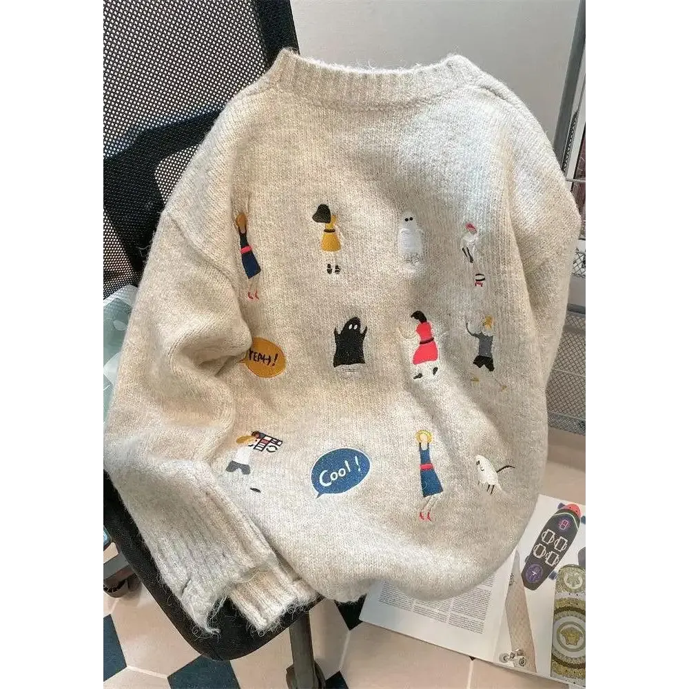 Cartoon Embroidered Knitted Sweater with Ripped Details