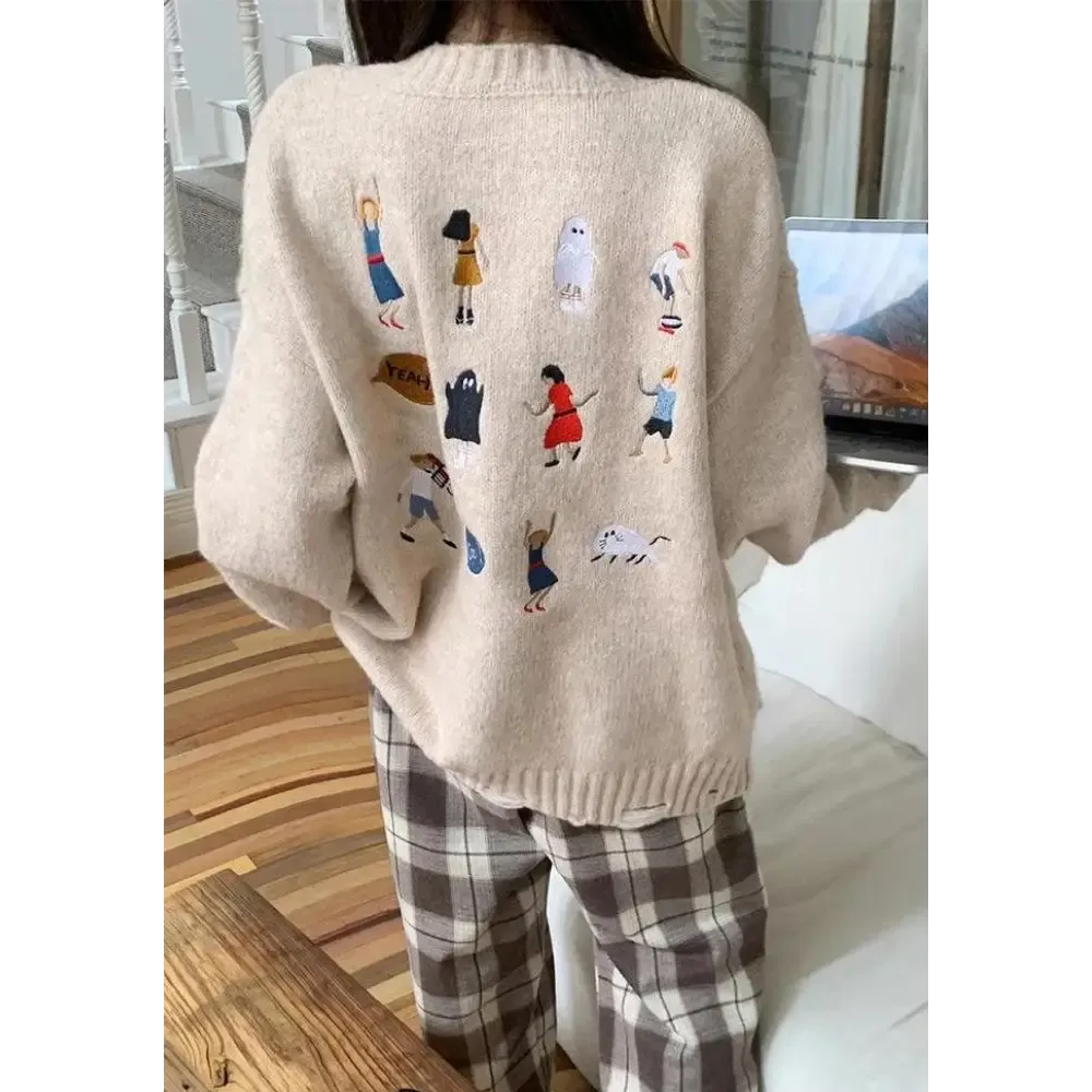 Cartoon Embroidered Knitted Sweater with Ripped Details