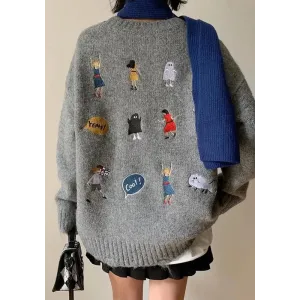 Cartoon Embroidered Knitted Sweater with Ripped Details
