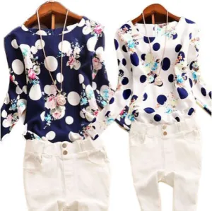 Casual Chiffon Shirts Deep round-Neck Women Blouses Blue White Long Sleeve Solid Tops Plus Size Loose