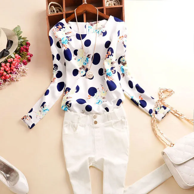 Casual Chiffon Shirts Deep round-Neck Women Blouses Blue White Long Sleeve Solid Tops Plus Size Loose