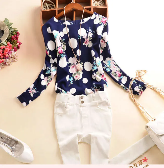 Casual Chiffon Shirts Deep round-Neck Women Blouses Blue White Long Sleeve Solid Tops Plus Size Loose