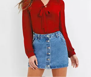 Casual Fashion Chiffon Women Blouses Full Sleeve Bow Solid V-Neck