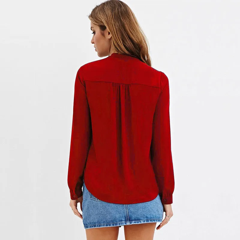 Casual Fashion Chiffon Women Blouses Full Sleeve Bow Solid V-Neck