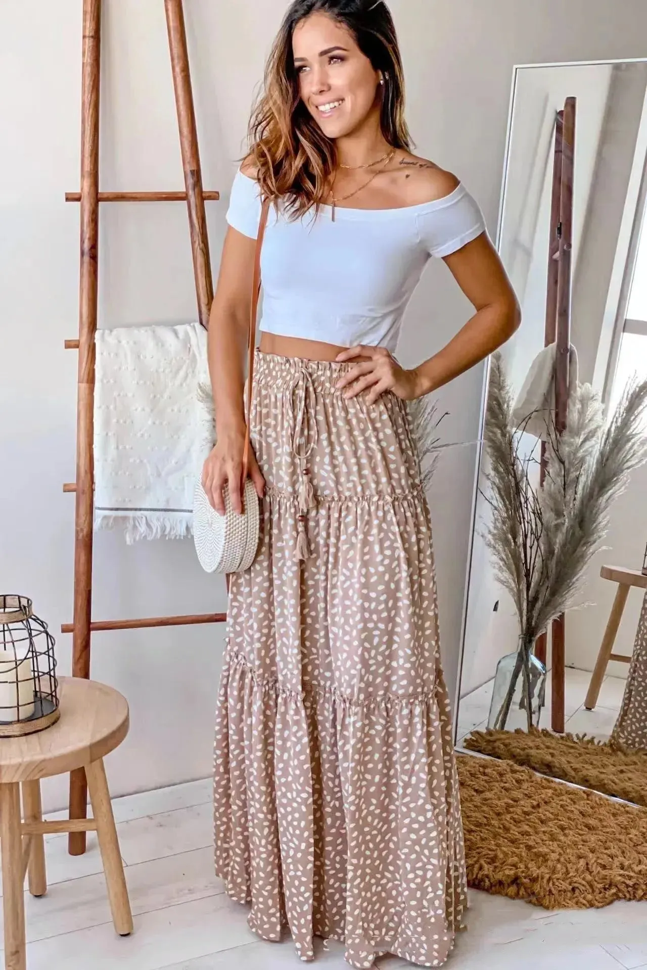 Casual Spring Summer Elastic Waist Pleated Mid Waist printed Maxi Skirt