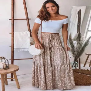 Casual Spring Summer Elastic Waist Pleated Mid Waist printed Maxi Skirt