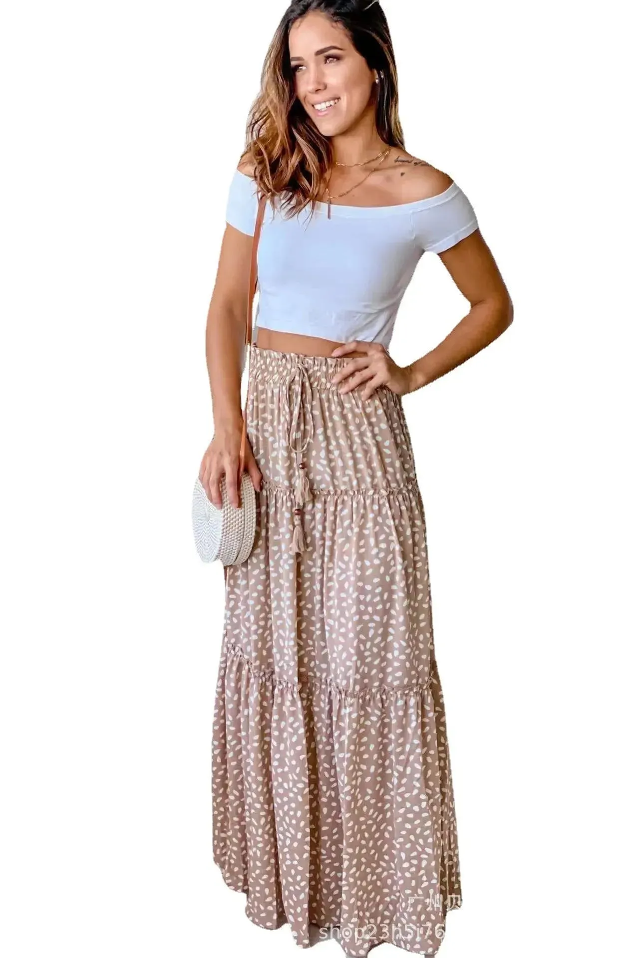 Casual Spring Summer Elastic Waist Pleated Mid Waist printed Maxi Skirt
