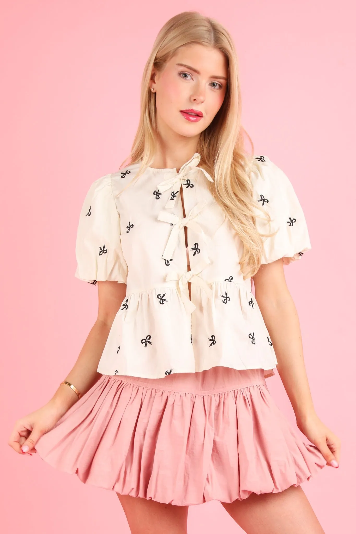 Clara Front Tie Bow Embroidered Top, Beige