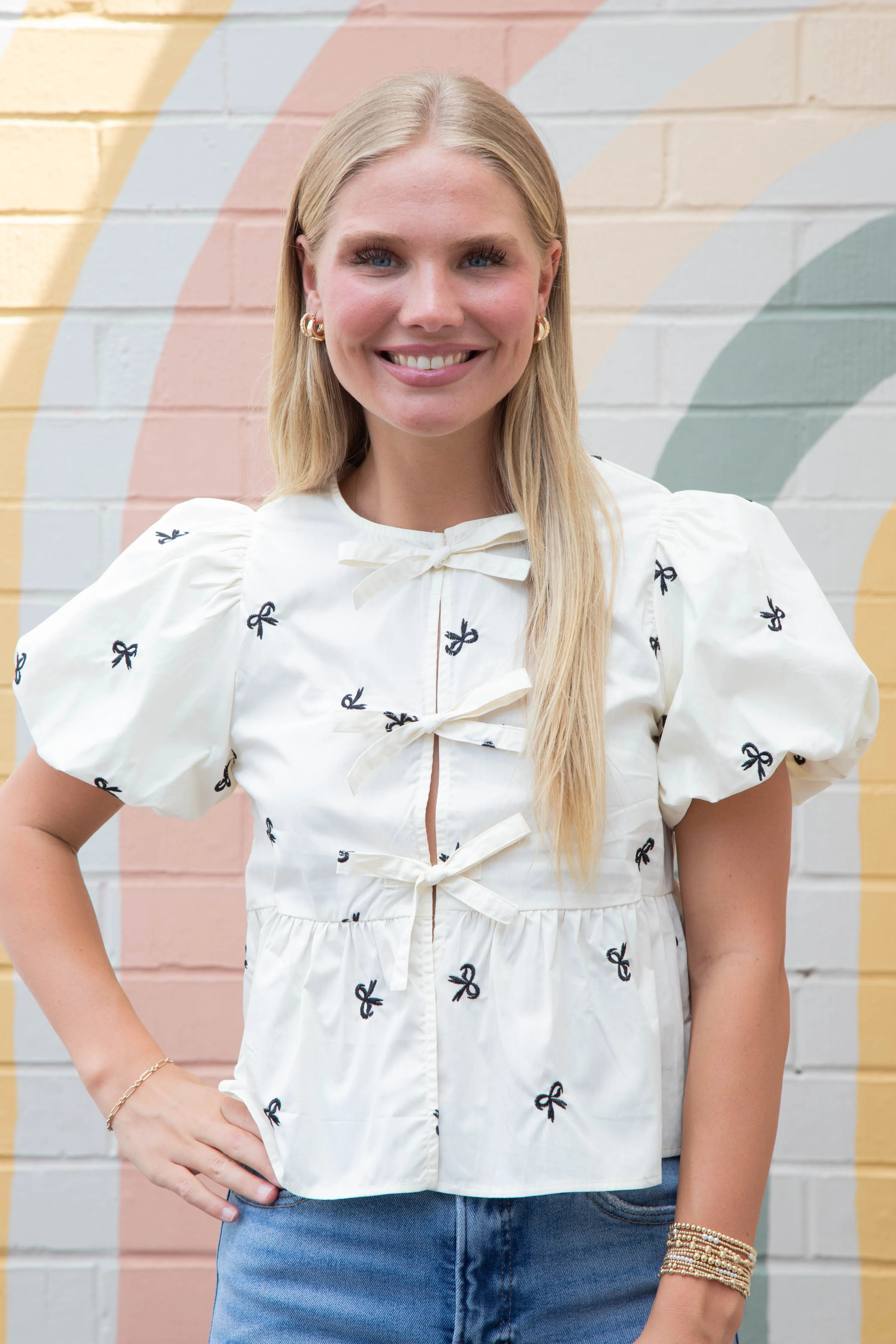 Clara Front Tie Bow Embroidered Top, Beige