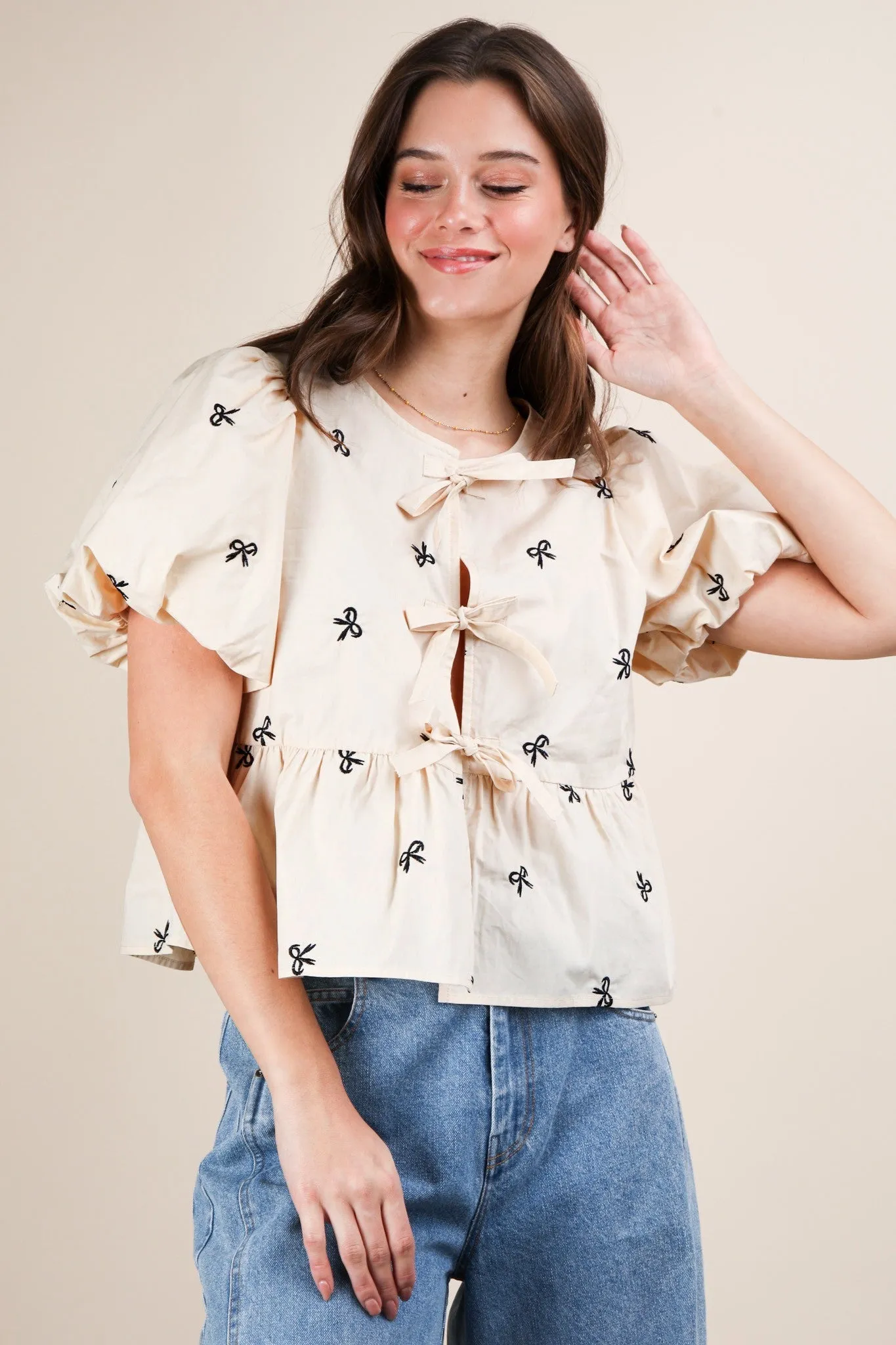 Clara Front Tie Bow Embroidered Top, Beige