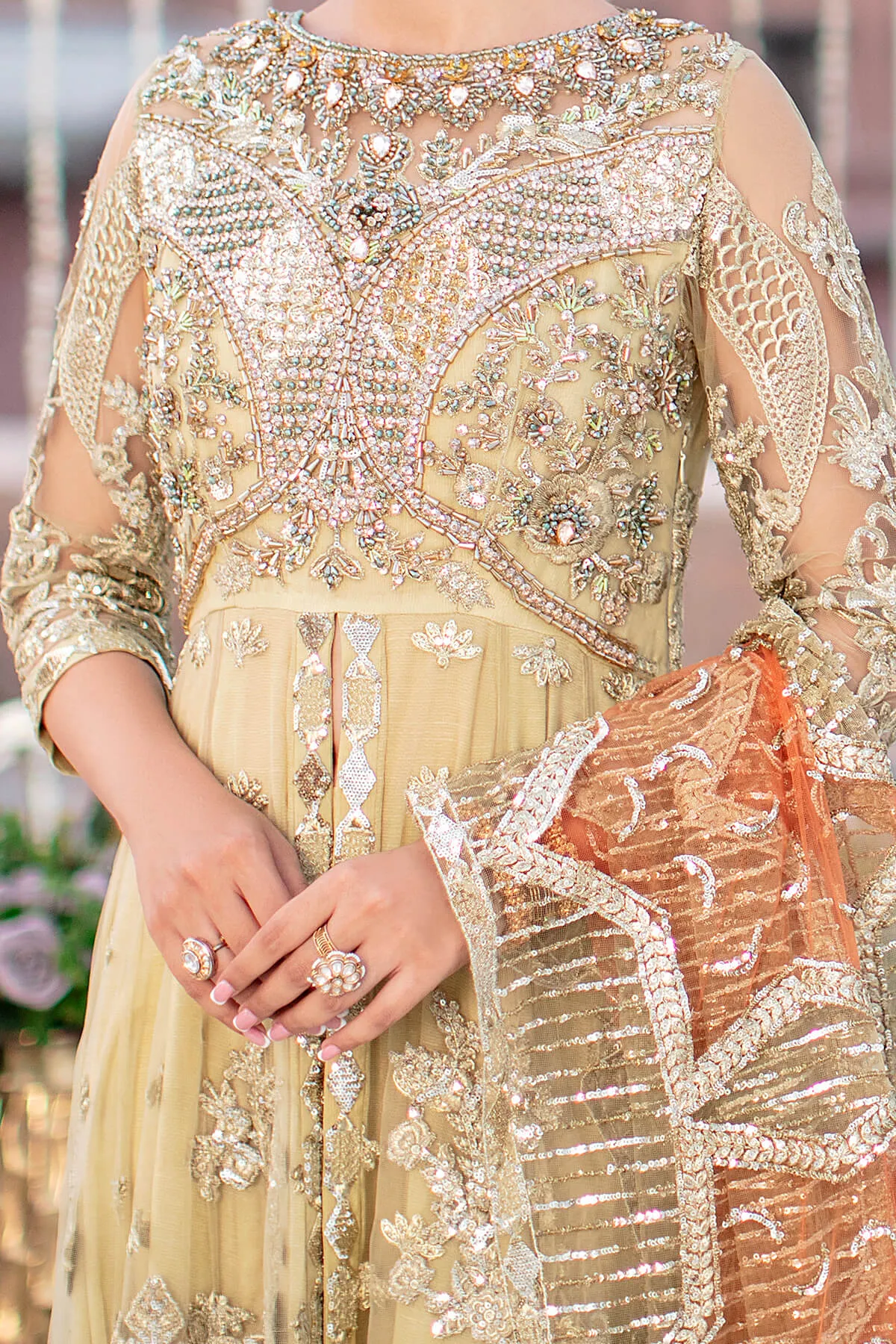 Classic Gold Heavily Embellished Pakistani Party Dress in Frock Style