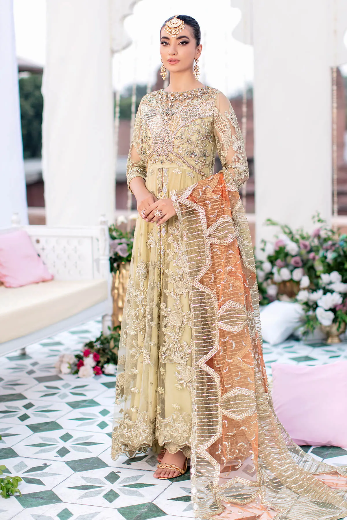 Classic Gold Heavily Embellished Pakistani Party Dress in Frock Style