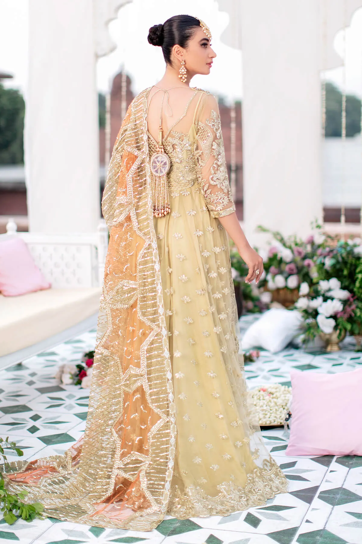 Classic Gold Heavily Embellished Pakistani Party Dress in Frock Style
