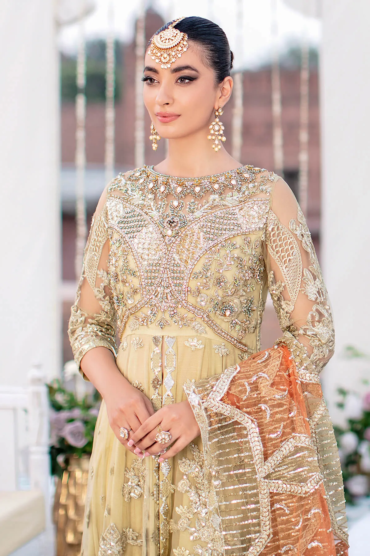 Classic Gold Heavily Embellished Pakistani Party Dress in Frock Style
