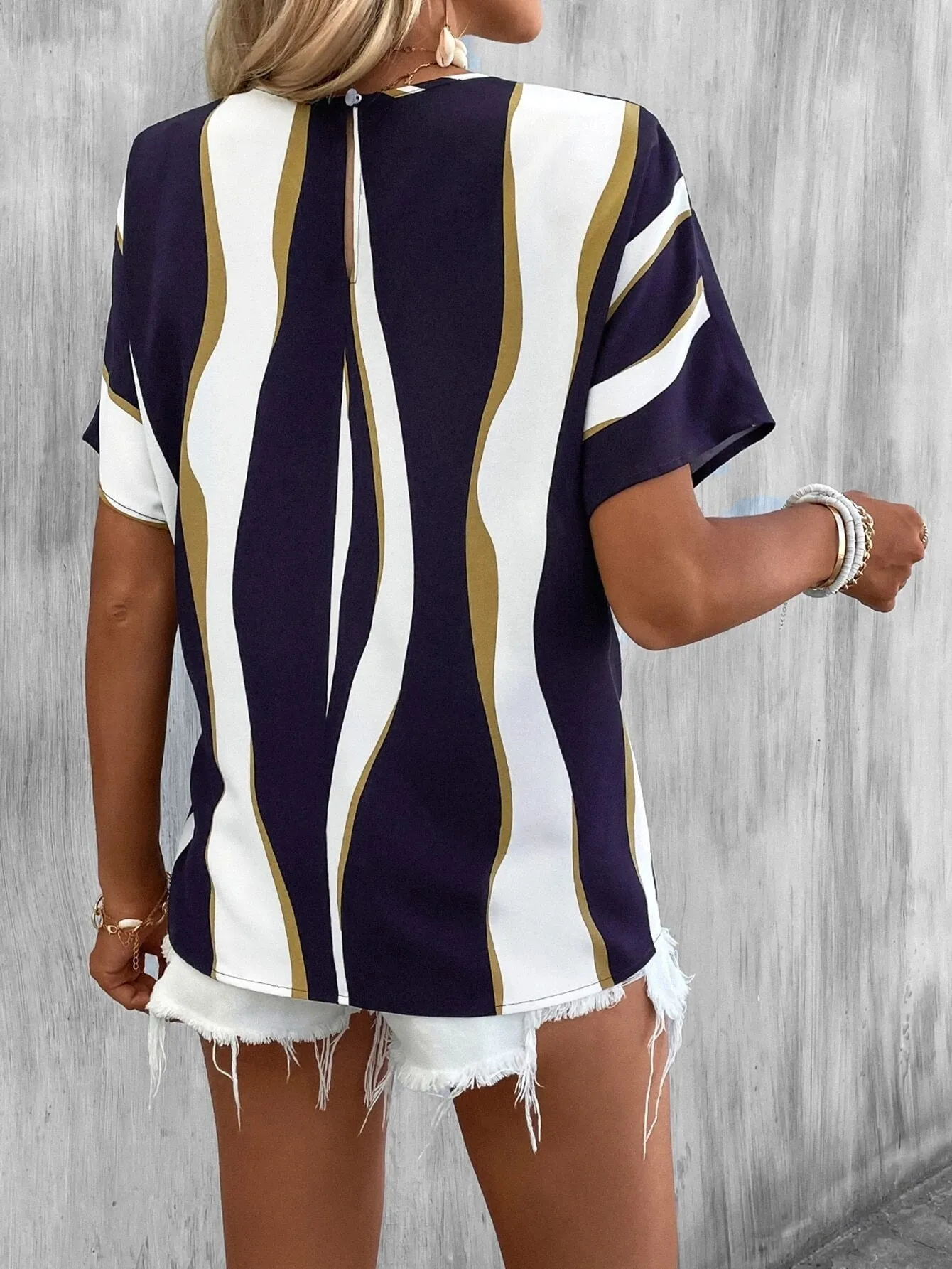 Colorblock Knot Short Sleeve Blouse