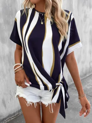 Colorblock Knot Short Sleeve Blouse