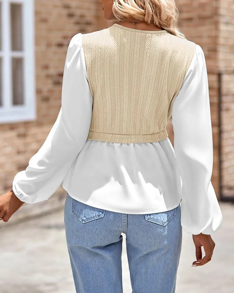 Colorblock V Neck Patchwork Knit Top