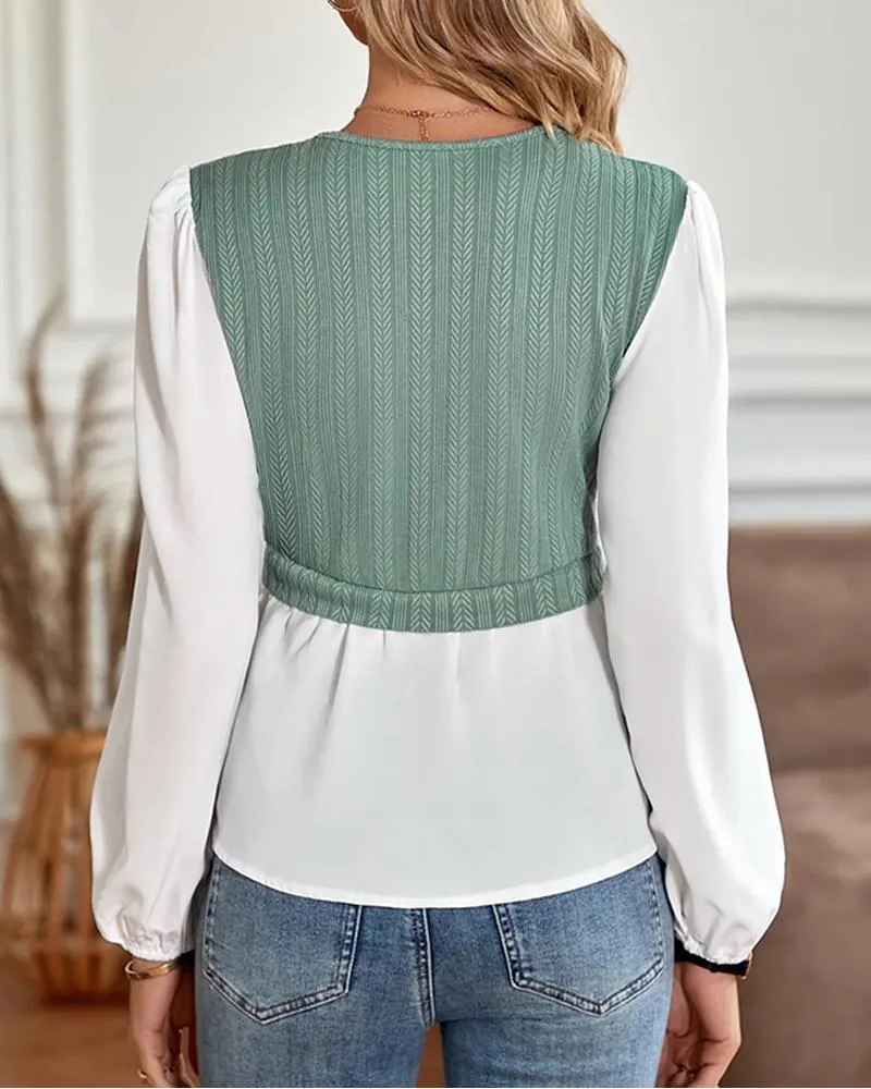 Colorblock V Neck Patchwork Knit Top