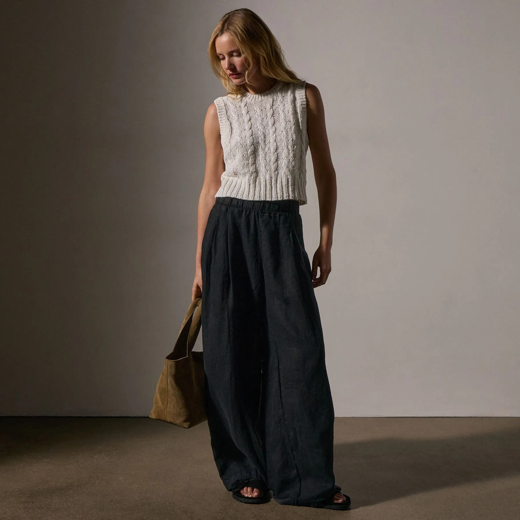 Cotton Linen Cable Knit Vest - White