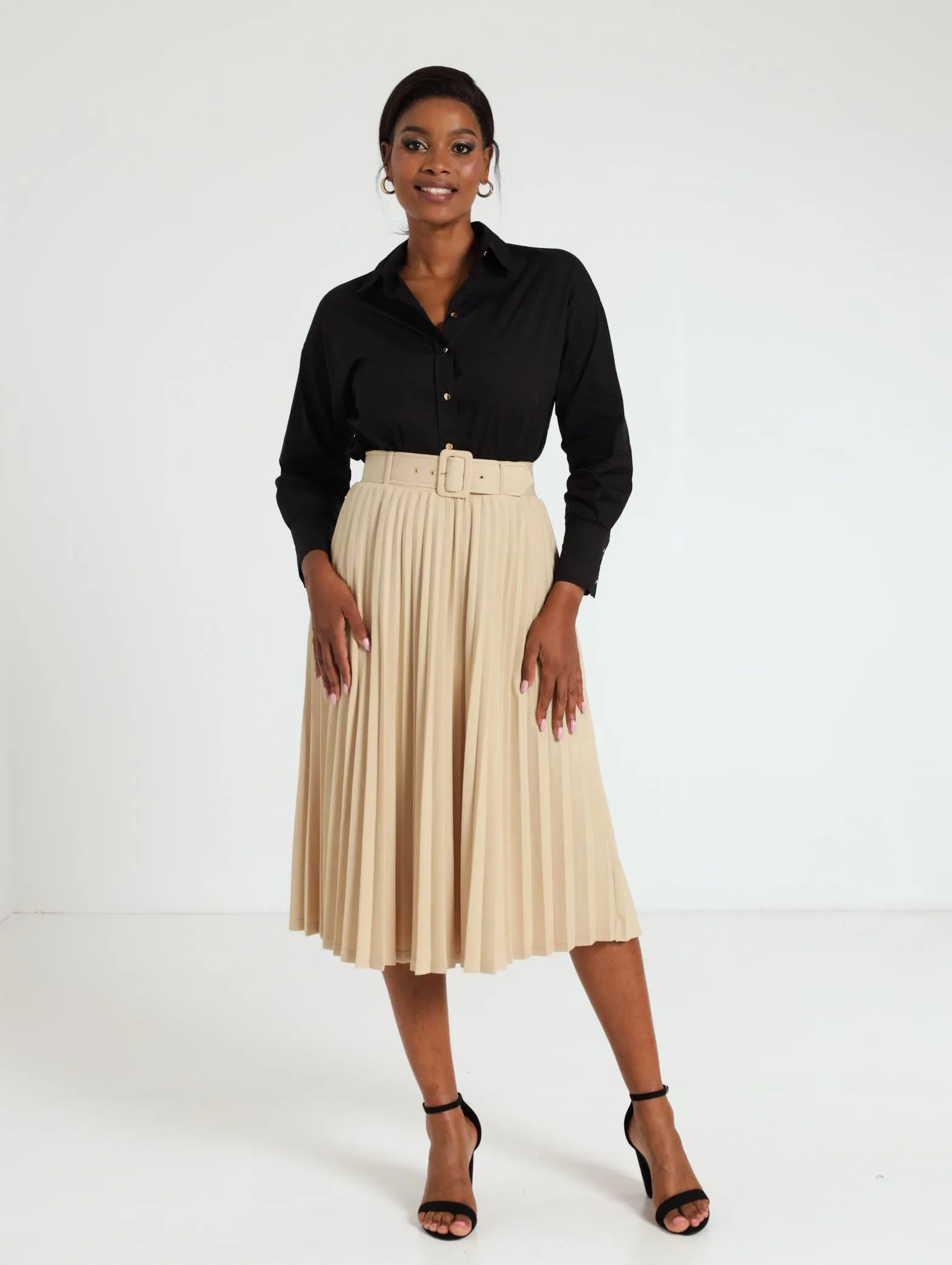 Covered Belt Pleated Midi Skirt - Stone