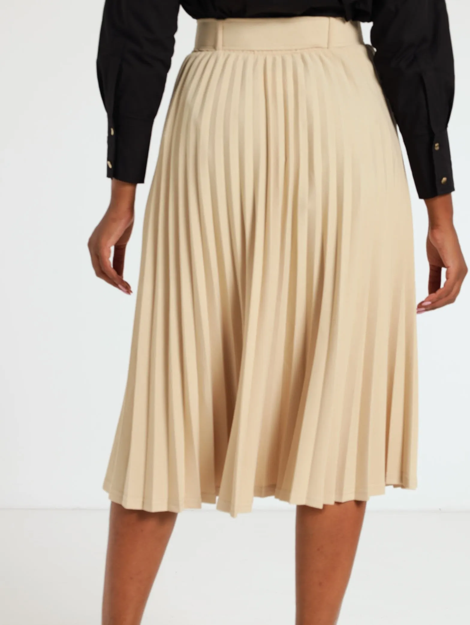 Covered Belt Pleated Midi Skirt - Stone
