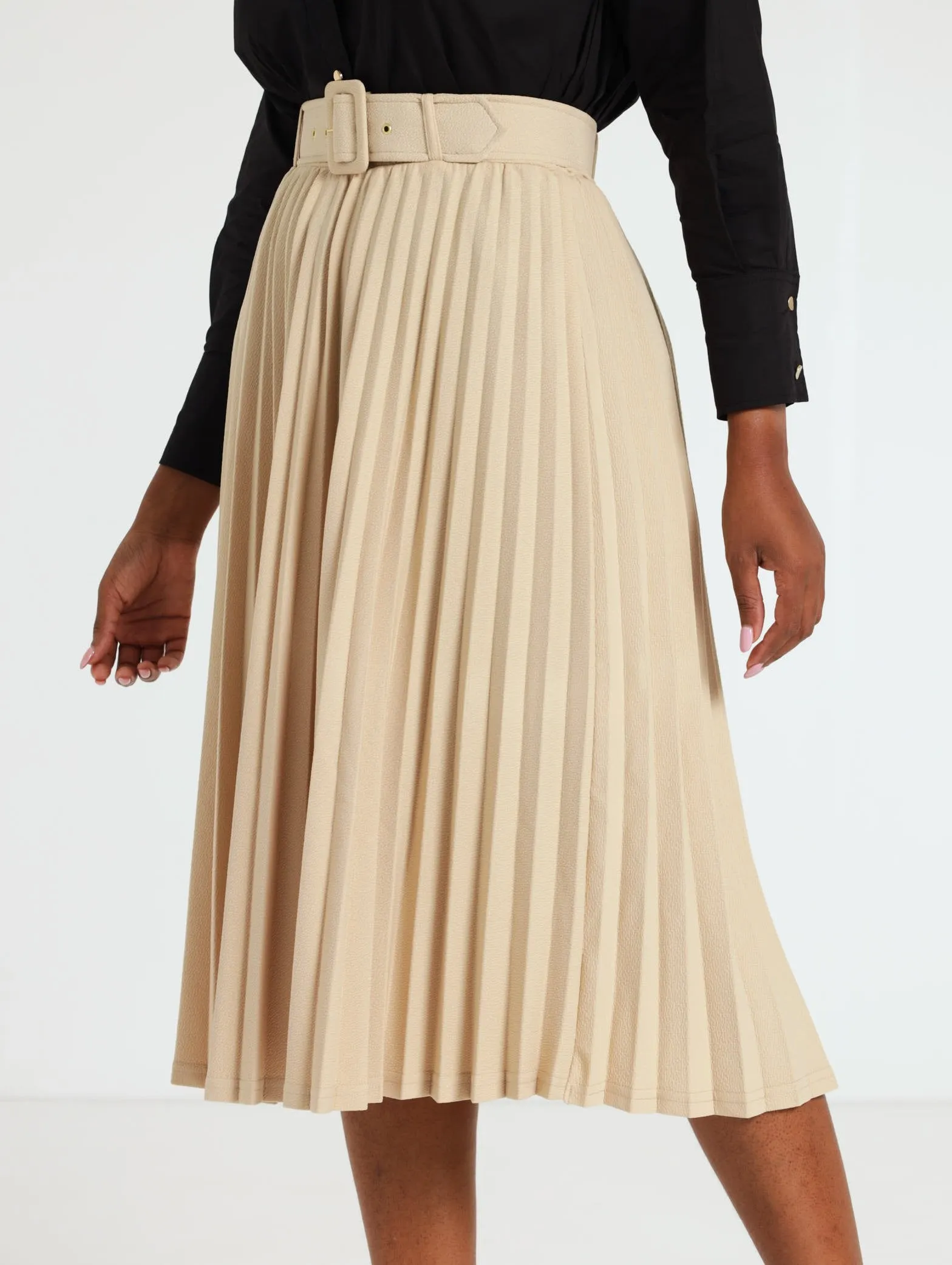 Covered Belt Pleated Midi Skirt - Stone