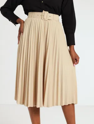 Covered Belt Pleated Midi Skirt - Stone