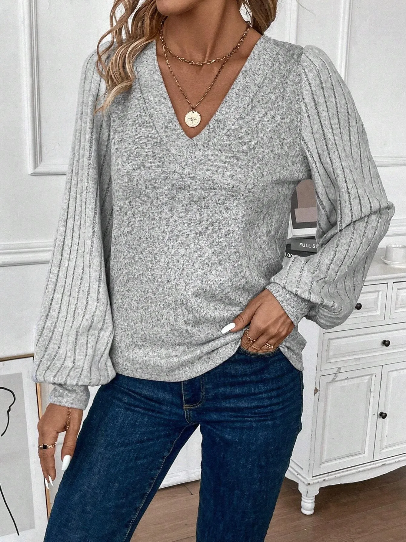 Cozy Lantern Sleeve V Neck Top